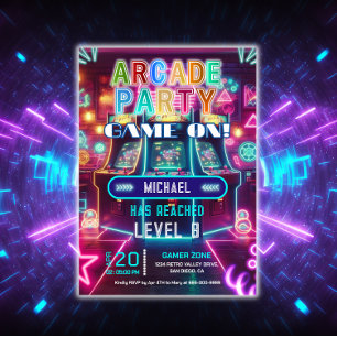 Invitation Neon retro vidéo arcade jeu fête d'anniversaire
