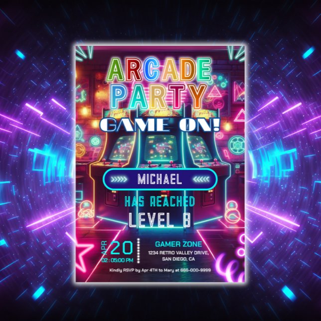 Invitation Neon retro vidéo arcade jeu fête d'anniversaire (Neon Arcade Birthday Party Invitation)