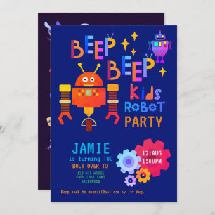 Invitation NEON ROBOT 2e fête d'anniversaire garçon fille drô