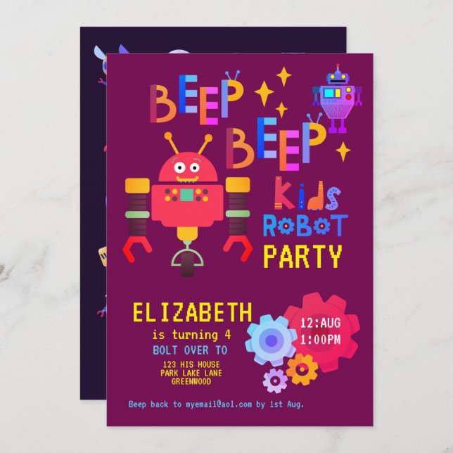 Invitation Neon ROBOT FÊTE Anniversaire de enfant Costume Fil (Devant / Derrière)