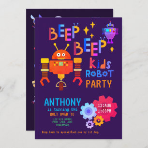 Invitation NEON ROBOT Party Boys Girl 1er anniversaire Fun