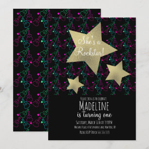 Invitation Neon Rockstar Guitare Faux Gold Star Anniversaire