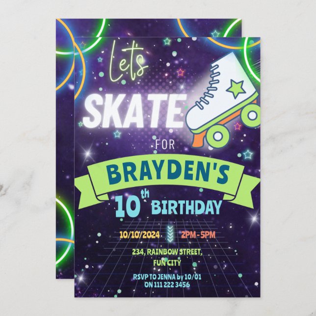 Invitation Neon Roller Patinage luisant Anniversaire Garçon (Devant / Derrière)