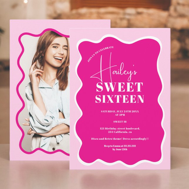 Invitation Neon rose courbe squiggle ondulé photo Sweet 16 (Neon pink curve squiggle wavy photo Sweet 16 Invitation)