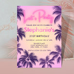 Invitation Neon rose Luminons Fêtons les palmiers au coucher<br><div class="desc">Le design rose néon "Let's Party" au coucher du soleil avec des palmiers violets,  fonctionnait bien pour une fête de fille ado,  21ème anniversaire,  la fête de bachelorette et d'autres occasions de filles.</div>
