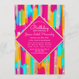 Invitation Neon rose Turquoise Jaune Parties scintillant or P