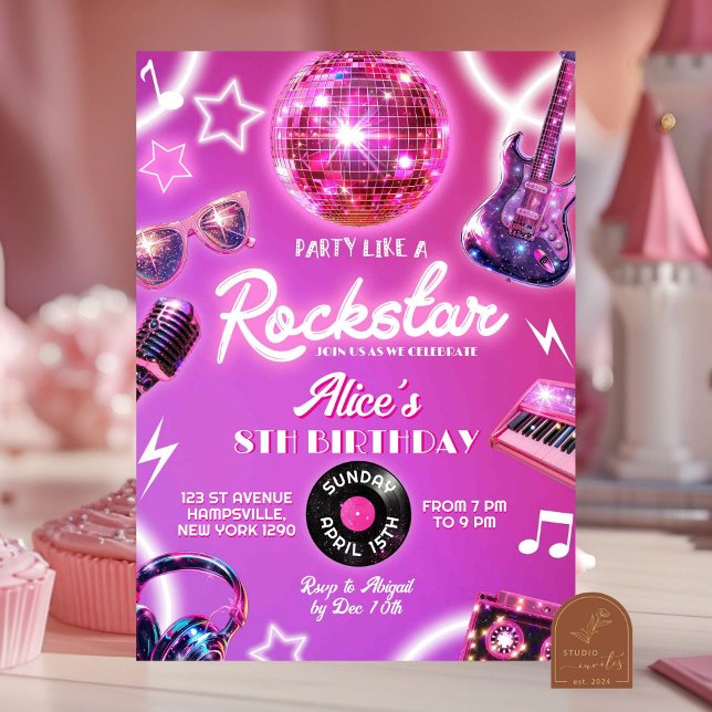 Invitation Neon rose violet Rockstar Ado Fille fête d'anniver (Créateur téléchargé)
