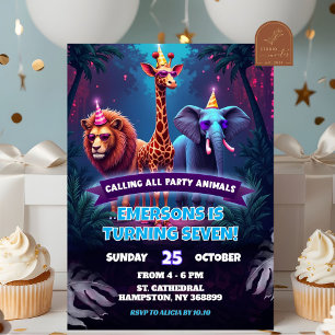 Invitation Neon Safari Animaux sauvages Garçon Anniversaire