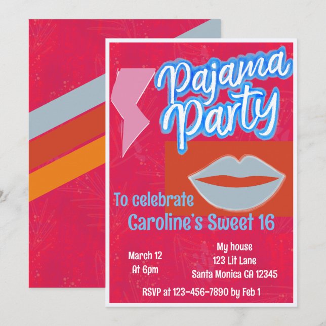 Invitation Neon Stripe Preppy Pajama Party Anniversaire (Devant / Derrière)
