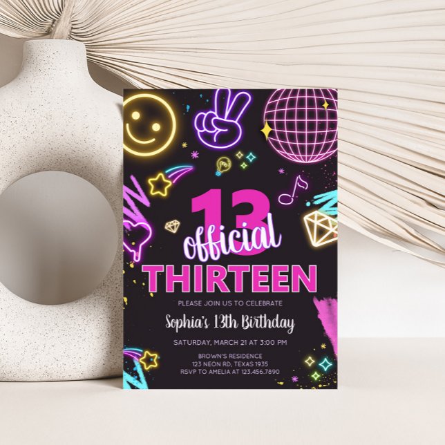 Invitation Neon Teenager Treizième fête d'anniversaire (Neon Official Thirteen Birthday Party Invitation)