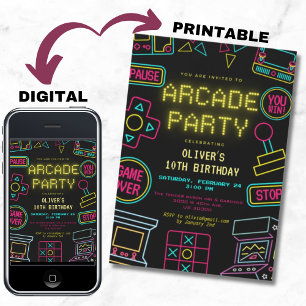 Invitation Neon Toute année jeux vidéo arcade anniversaire