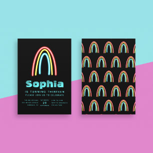 Invitation Neon Turquoise Rainbow fête d'anniversaire