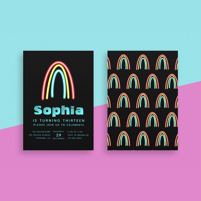 Invitation Neon Turquoise Rainbow fête d'anniversaire (Créateur téléchargé)