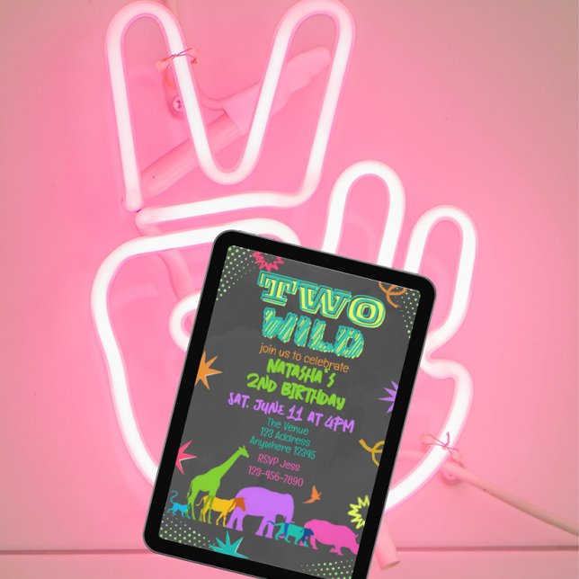 Invitation Neon Two Wild Animals 2nd Birthday (Créateur téléchargé)