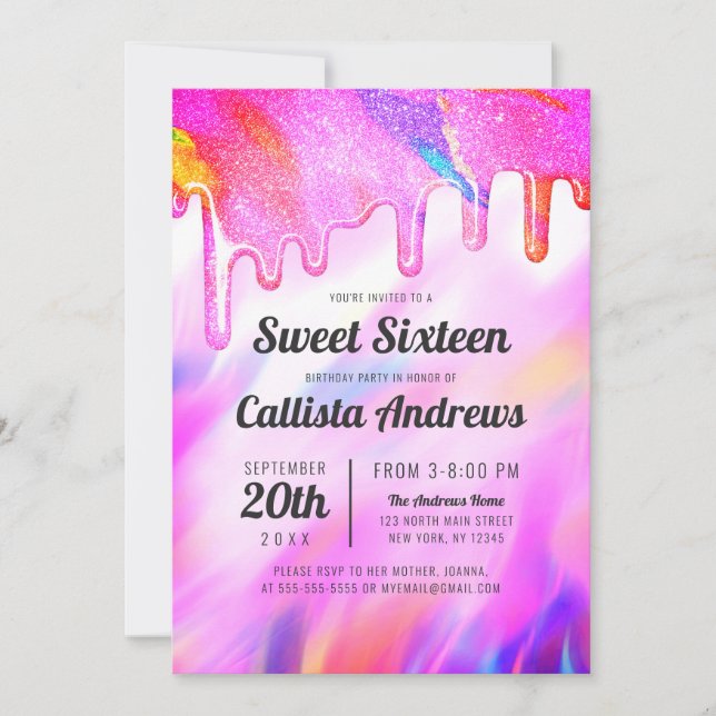 Invitation Neon Unicorn Holographic Parties scintillant Drips (Devant)
