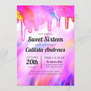 Invitation Neon Unicorn Holographic Parties scintillant Drips