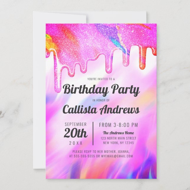 Invitation Neon Unicorn Holographic Parties scintillant Drive (Devant)