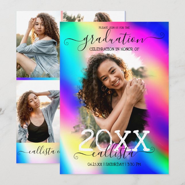 Invitation Neon Unicorn Holographique Photo Collage Graduatio (Devant / Derrière)