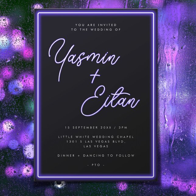 Invitation Neon violet brillant noir moderne Mariage double f (In Situ)
