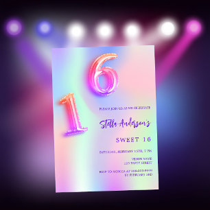 Invitation Néon violet rose holographique Sweet 16