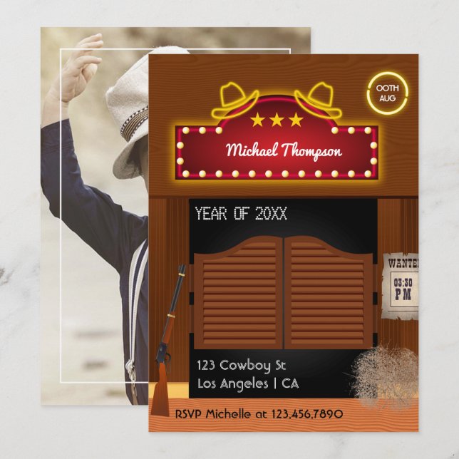 Invitation Neon Wild West Cowboy thème Graduation Party (Devant / Derrière)