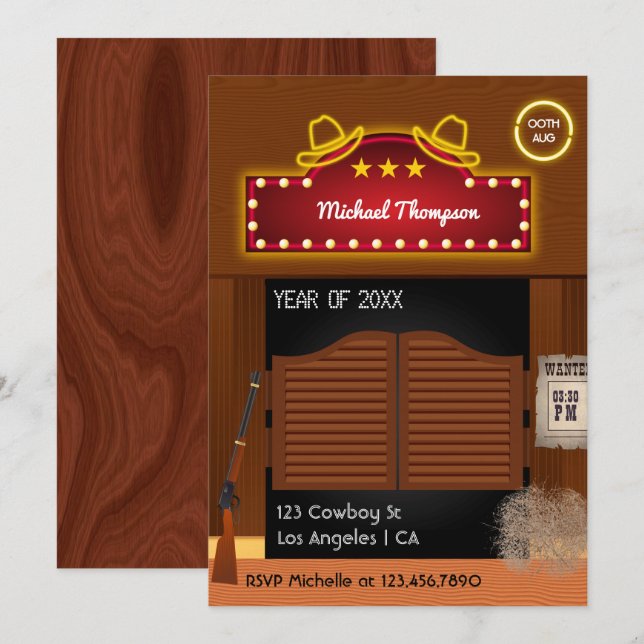 Invitation Neon Wild West Cowboy thème Graduation Party Invi (Devant / Derrière)