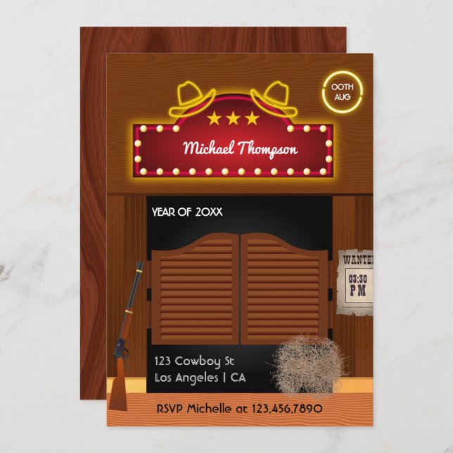Invitation Neon Wild West Cowboy thème Graduation Party Invi (Devant / Derrière)