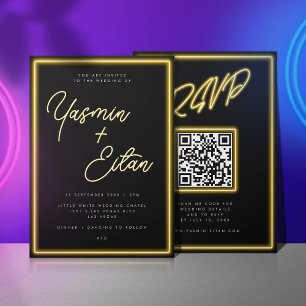 Invitation Neon Yellow Lights Black Modern RSVP Mariage