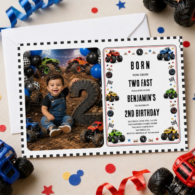 Invitation Nés pour grandir Deux monstres camions rapides 2e  (Born to Grow Two Fast Monster Trucks 2nd Birthday Invitation
)