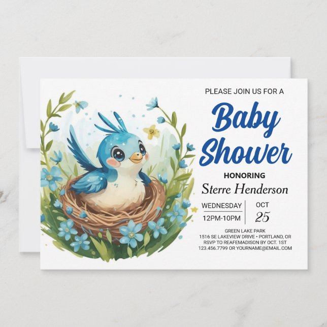 Invitation Nest Bohemian Whimsical Bird Boy Baby shower (Devant)
