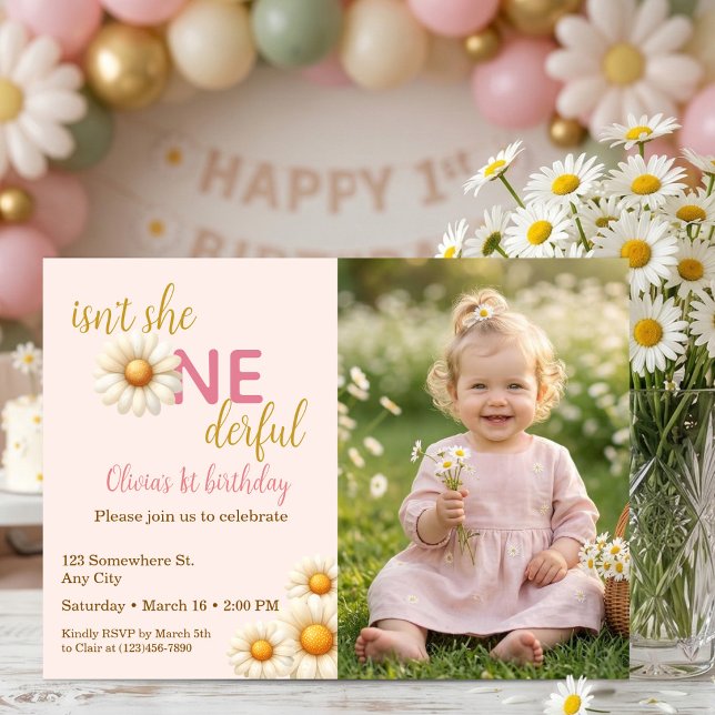 Invitation N'est-elle pas merveilleuse 1er anniversaire Daisy (Isn't She One-derful 1st Birthday Daisy Photo Invitation)