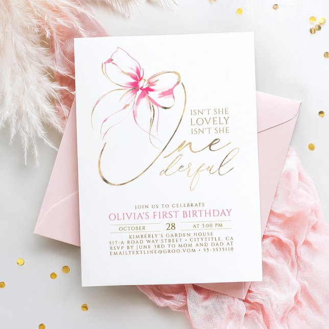 Invitation N'est-elle pas Merveilleuse avec un Ruban Rose Élé (Pink Bow Onederful 1st Birthday Invitation)