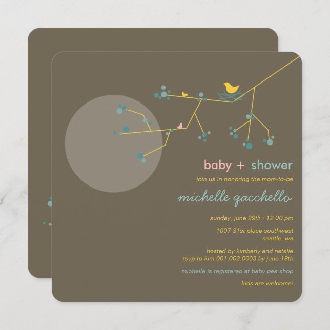 Invitation Nesting Bird Family Tree Simple Chic Baby shower (Devant / Derrière)