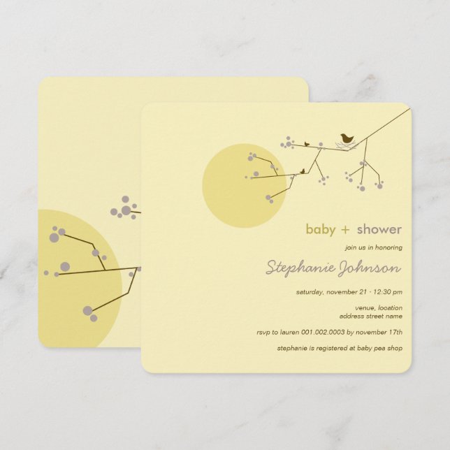 Invitation Nesting Bird Family Tree Simple Chic Baby shower (Devant / Derrière)