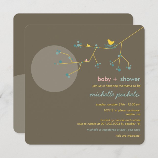 Invitation Nesting Bird Family Tree Simple Chic Baby shower (Devant / Derrière)