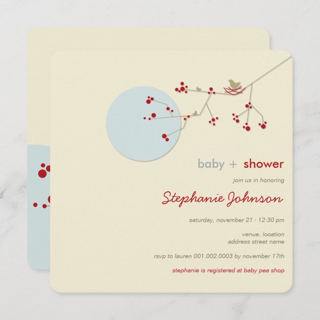 Invitation Nesting Bird Family Tree Simple Chic Baby shower (Devant / Derrière)