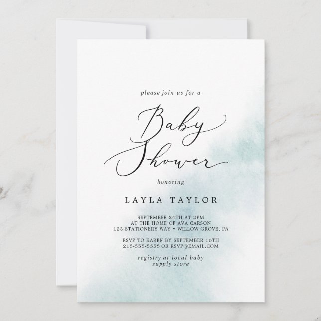 Invitation Nettoyage aquarelle | Baby shower bleu (Devant)