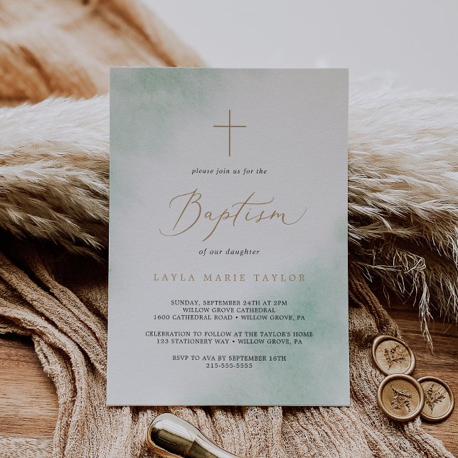 Invitation Nettoyage aquarelle | Baptême vert et or (Créateur téléchargé)