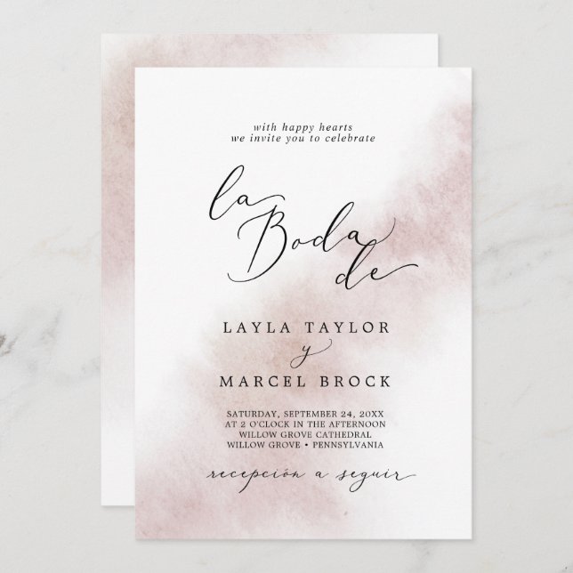 Invitation Nettoyage aquarelle | Blush La Boda De Mariage (Devant / Derrière)