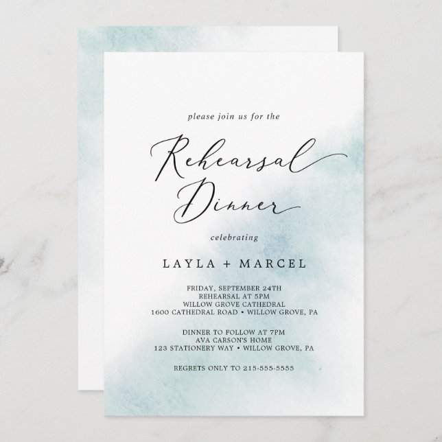 Invitation Nettoyage aquarelle | Dîner de répétition bleu (Devant / Derrière)