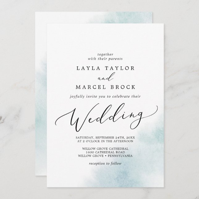 Invitation Nettoyage aquarelle | Mariage bleu (Devant / Derrière)