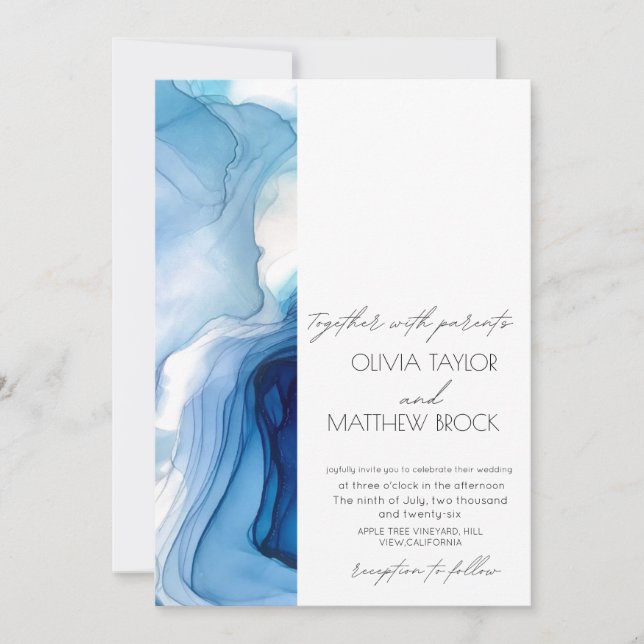 Invitation Nettoyage aquarelle | Mariage bleu marine (Devant)