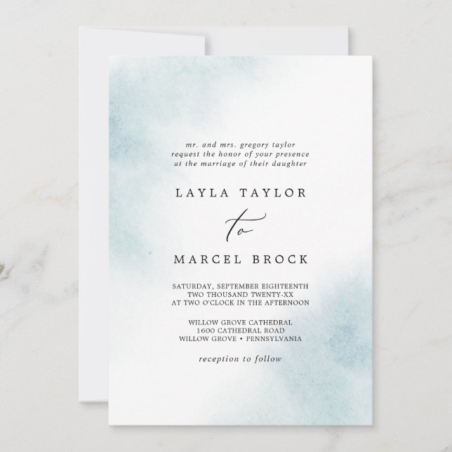Invitation Nettoyage aquarelle | Mariage traditionnel bleu (Devant)
