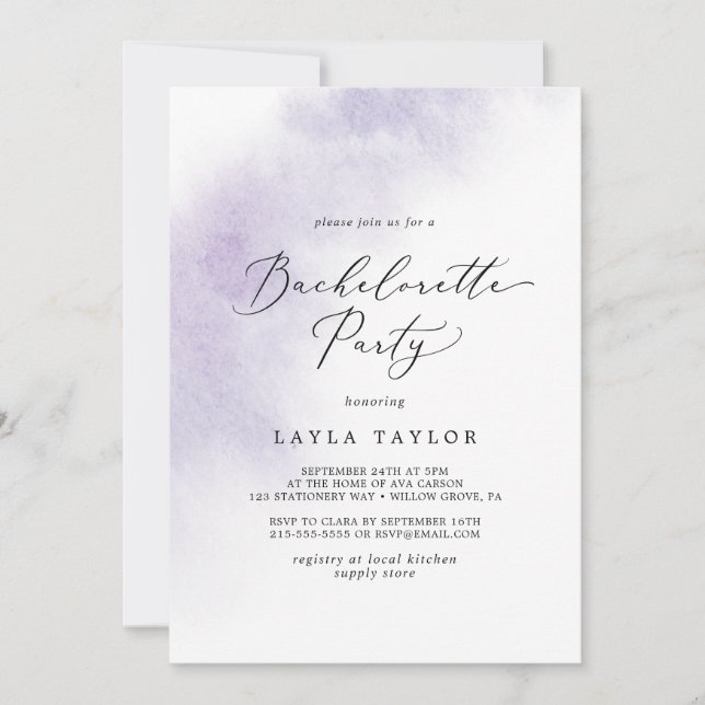 Invitation Nettoyage aquarelle | Purple Bachelorette Party (Devant)
