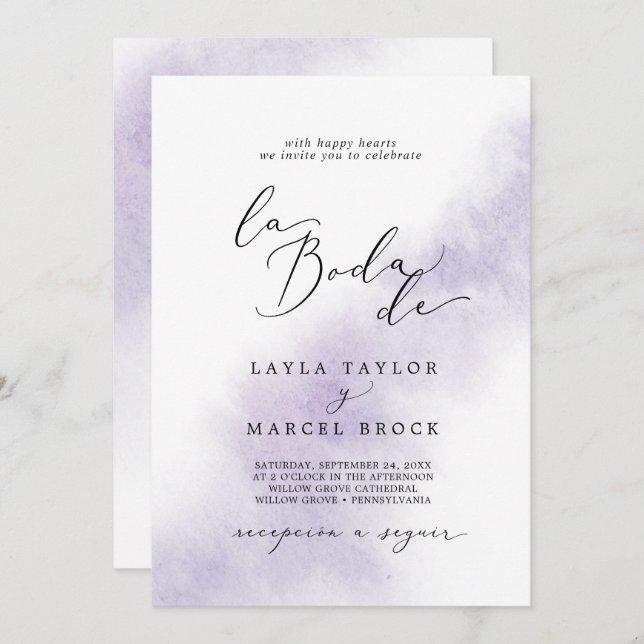 Invitation Nettoyage aquarelle | Purple La Boda De Mariage (Devant / Derrière)