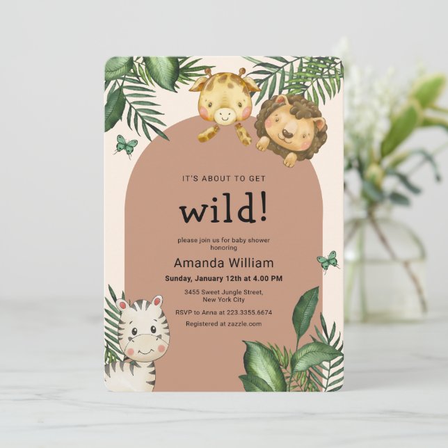 Invitation Neutral Boho Arch Wild Sarafi Animals Baby Shower (Debout devant)