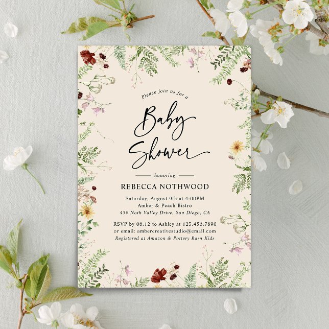 Invitation Neutral Boho Chic Cute Baby shower Fleur sauvage (Créateur téléchargé)