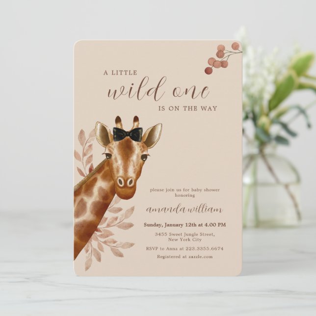 Invitation Neutral Boho Wilderness Safari Giraffe Baby Shower (Debout devant)