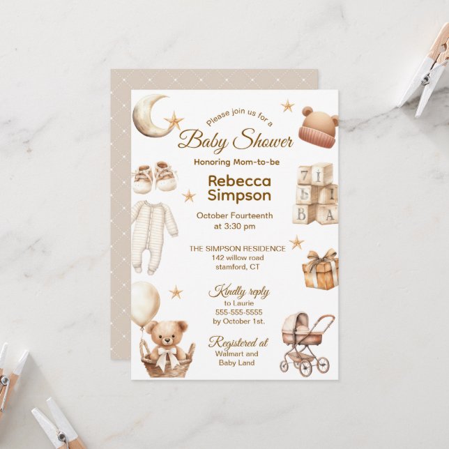 Invitation Neutral Brown Teddy Bear Clothes,Gifts-Baby Shower (Devant/Arrière en situation)
