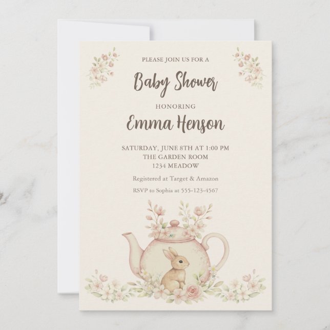 Invitation Neutral Bunny & Floral Teapot Baby Shower  (Devant)